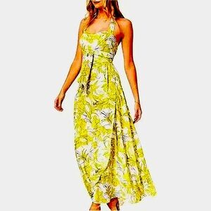BAR III Yellow & White Floral Prism Garden Halter Tie Waist Maxi Dress Size 6